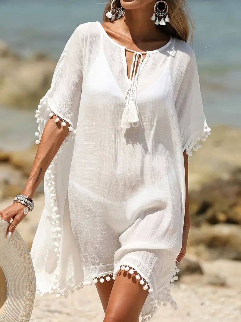 Pom Pom Trim Kaftan Beach Cover Up