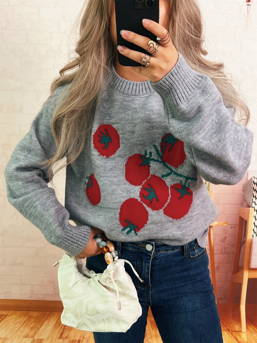 Fruit Motif Drop Shoulder Knit Sweater - Grey