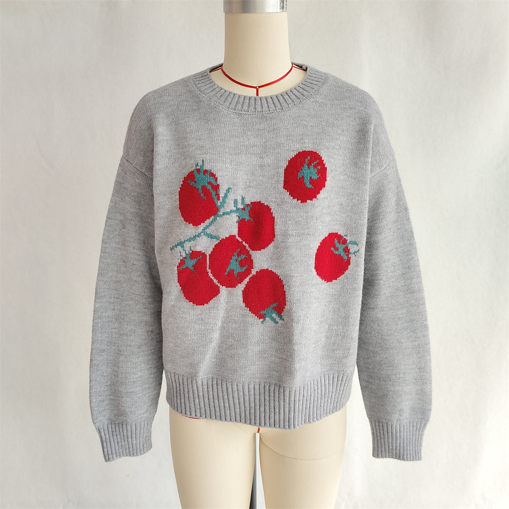 Fruit Motif Drop Shoulder Knit Sweater - Grey - 1