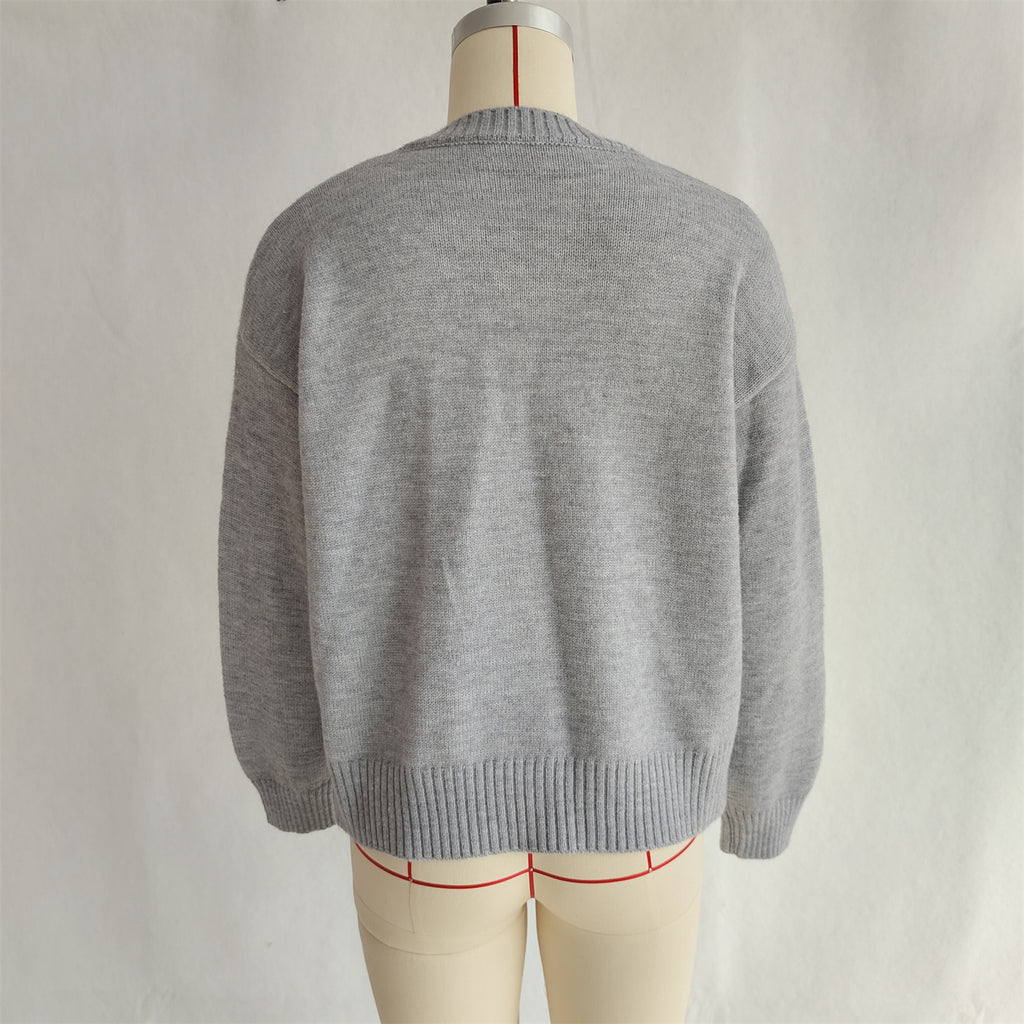 Fruit Motif Drop Shoulder Knit Sweater - Grey - 2
