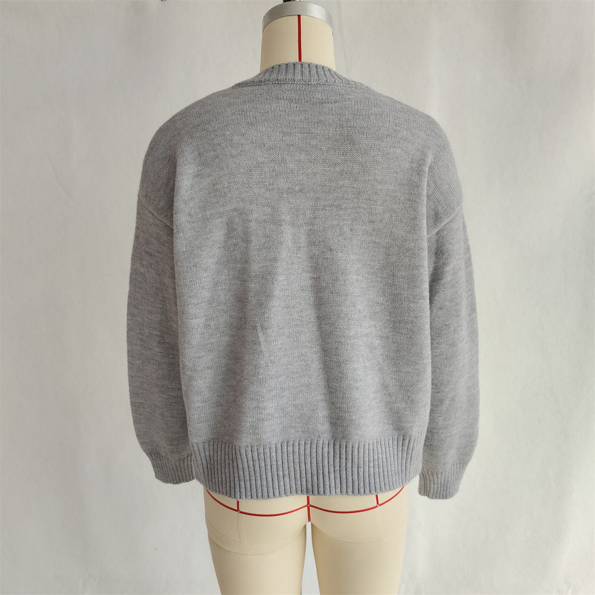 Fruit Motif Drop Shoulder Knit Sweater - Grey - 2