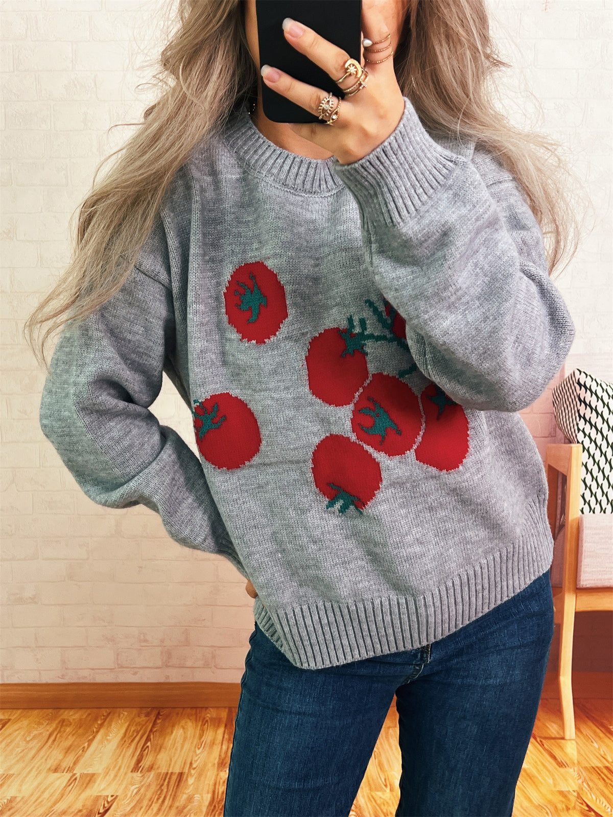 Fruit Motif Drop Shoulder Knit Sweater - Grey - 3