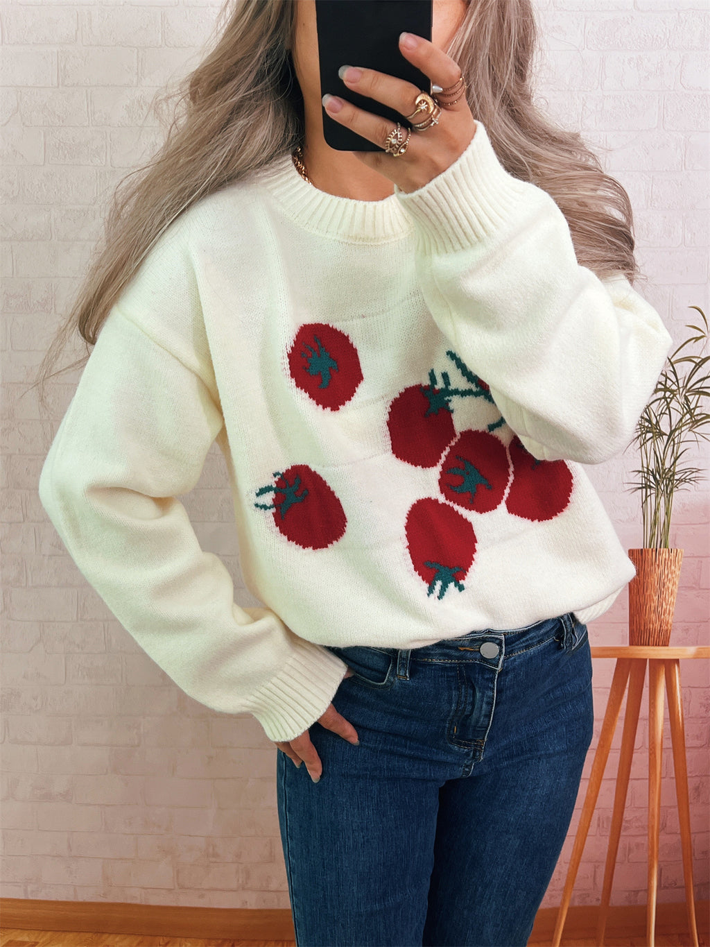 Fruit Motif Drop Shoulder Knit Sweater - White