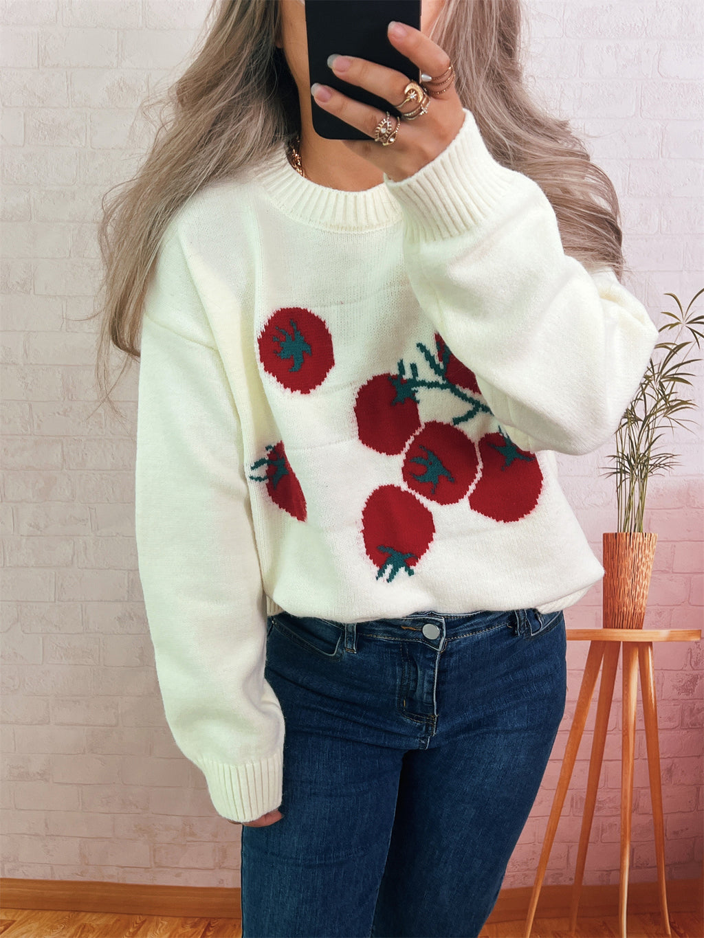 Fruit Motif Drop Shoulder Knit Sweater - White - 1