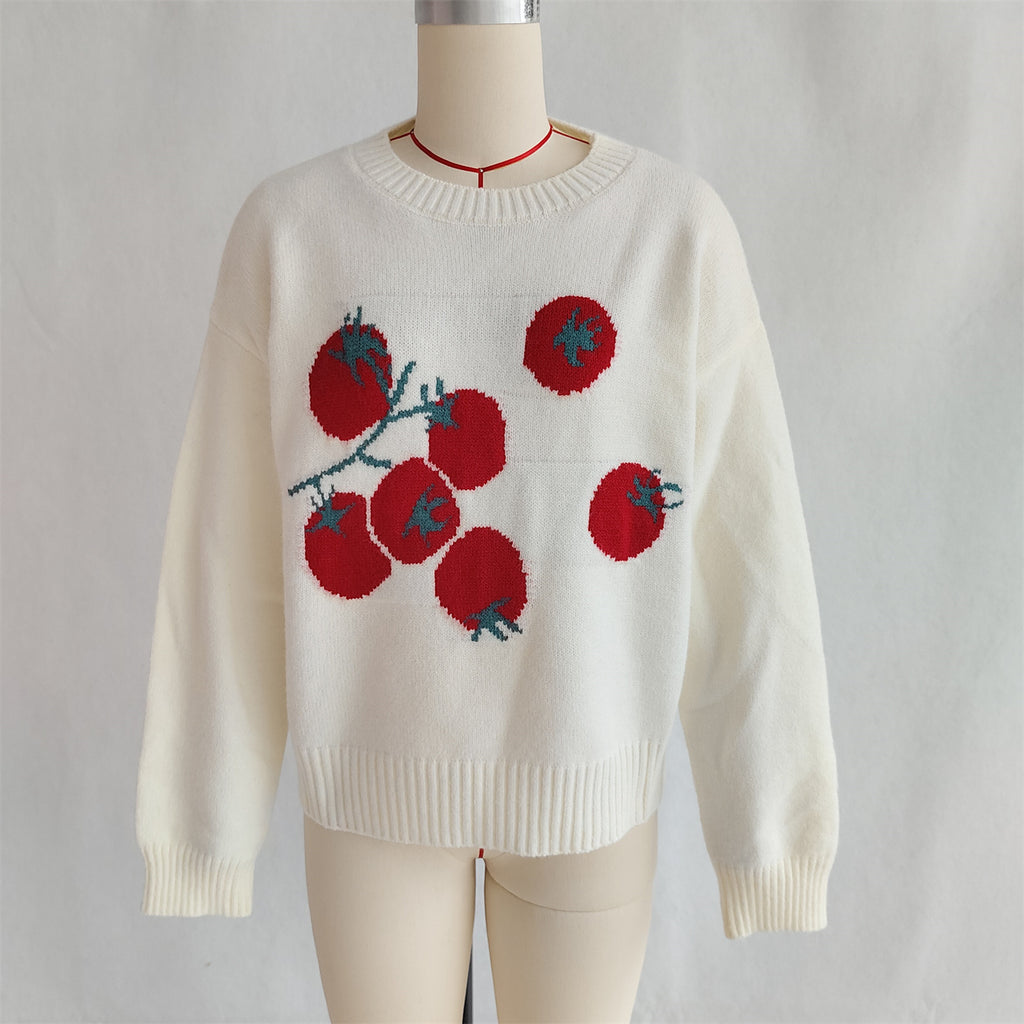 Fruit Motif Drop Shoulder Knit Sweater - White - 2