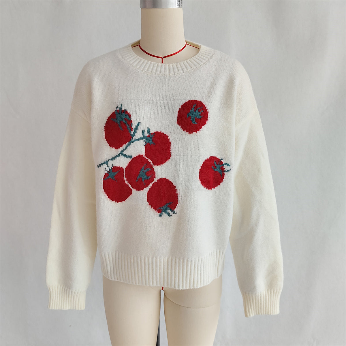 Fruit Motif Drop Shoulder Knit Sweater - White - 2