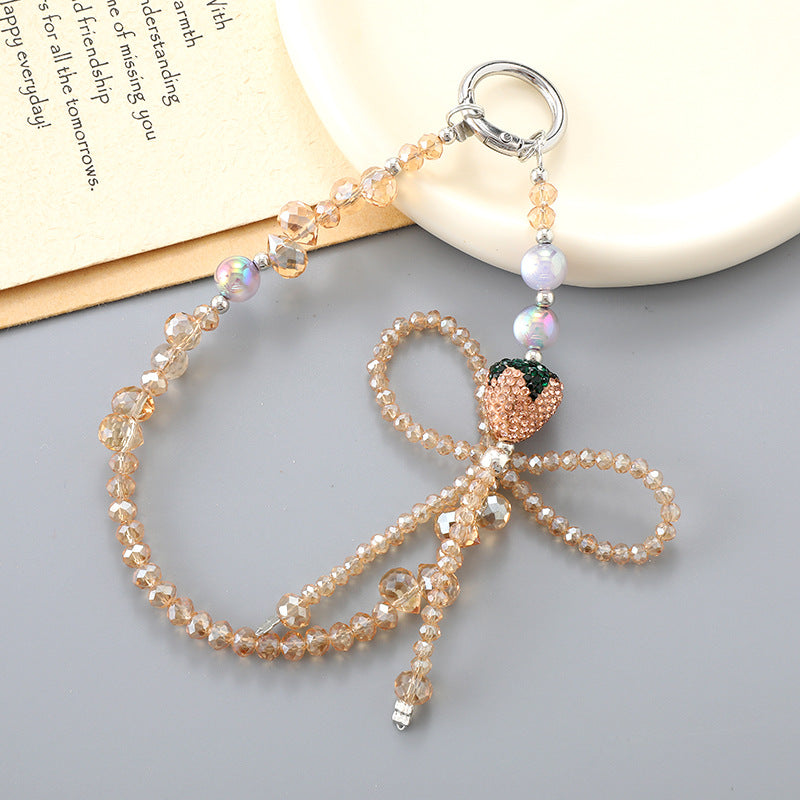 Crystal Beaded Bow Charm Keychain - Brown