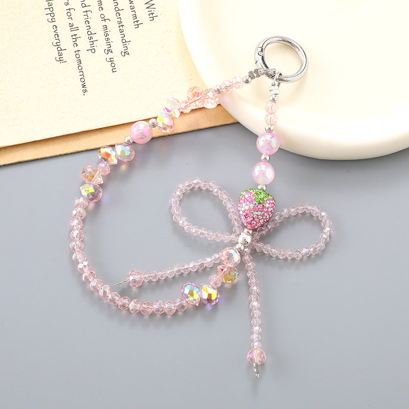 Crystal Beaded Bow Charm Keychain - Pink