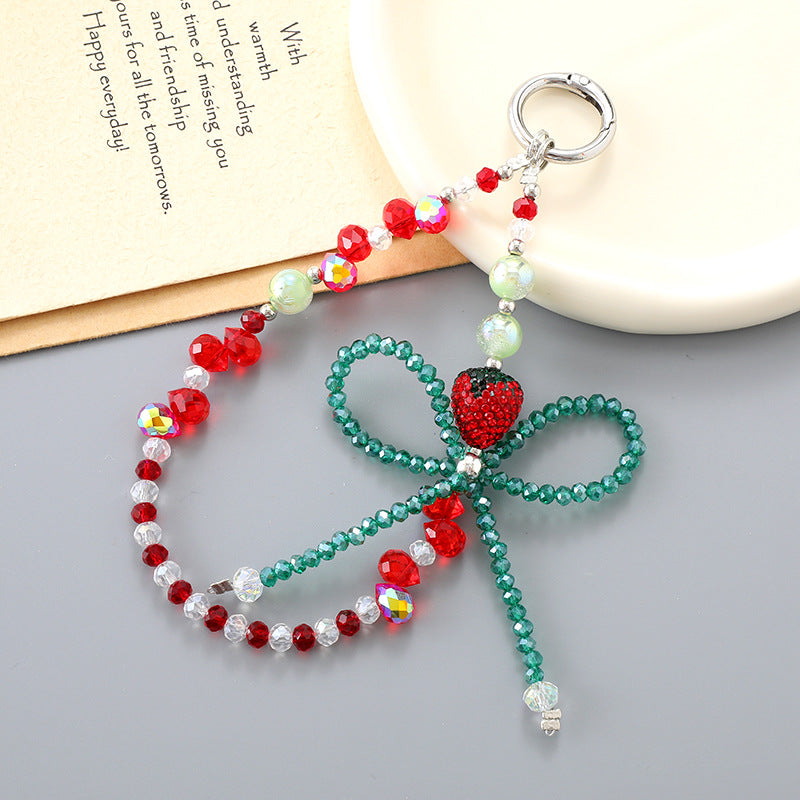 Crystal Beaded Bow Charm Keychain - Red