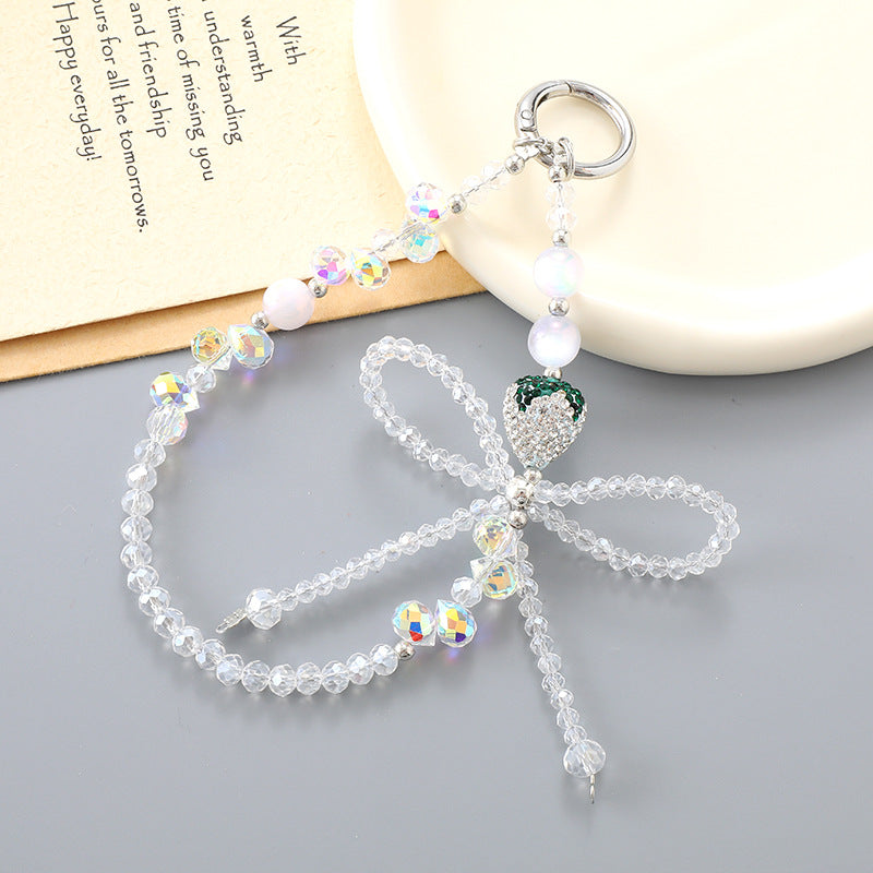 Crystal Beaded Bow Charm Keychain - White