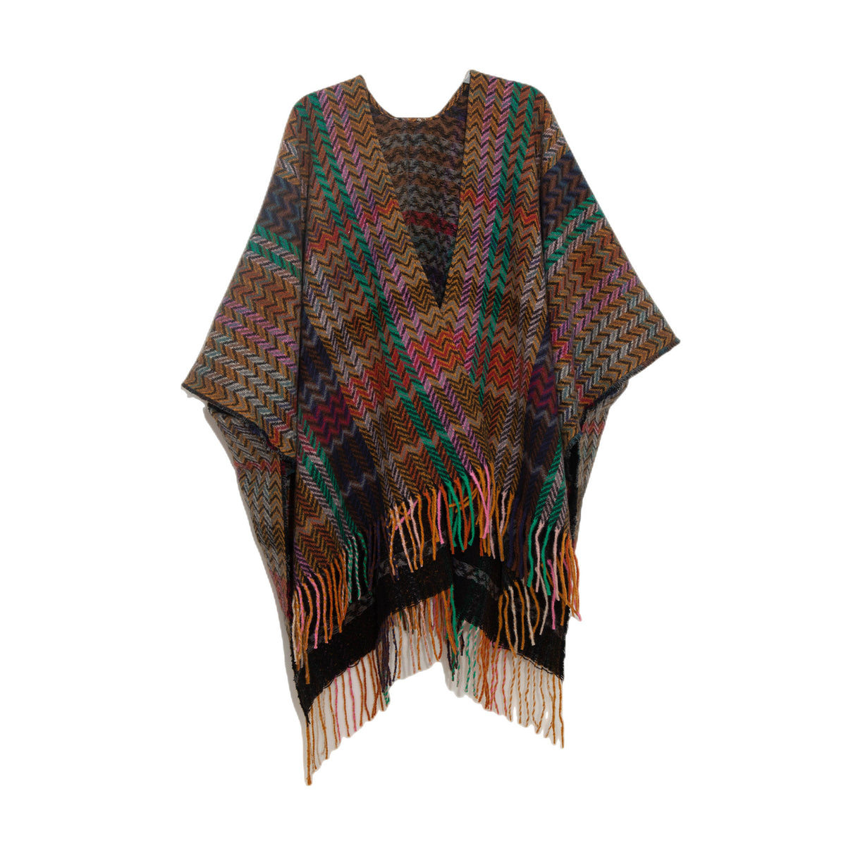 Multi Plaid Fringed Kimono Poncho Shawl - Black