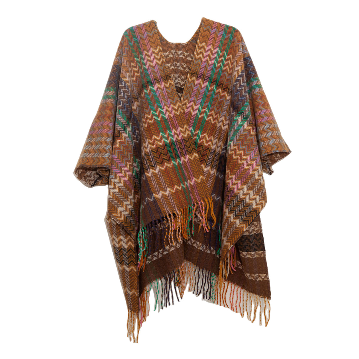 Multi Plaid Fringed Kimono Poncho Shawl - Brown