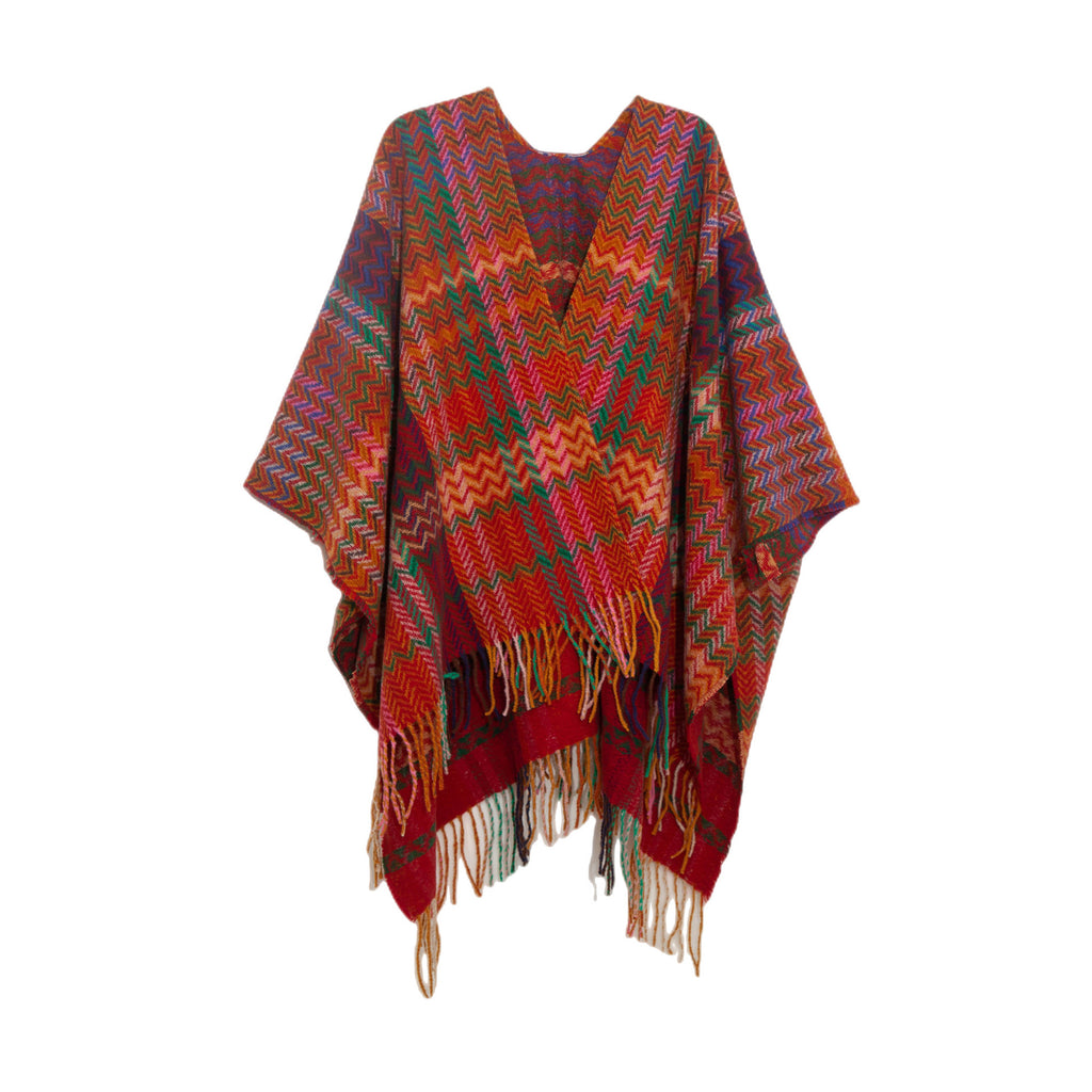 Multi Plaid Fringed Kimono Poncho Shawl - Red