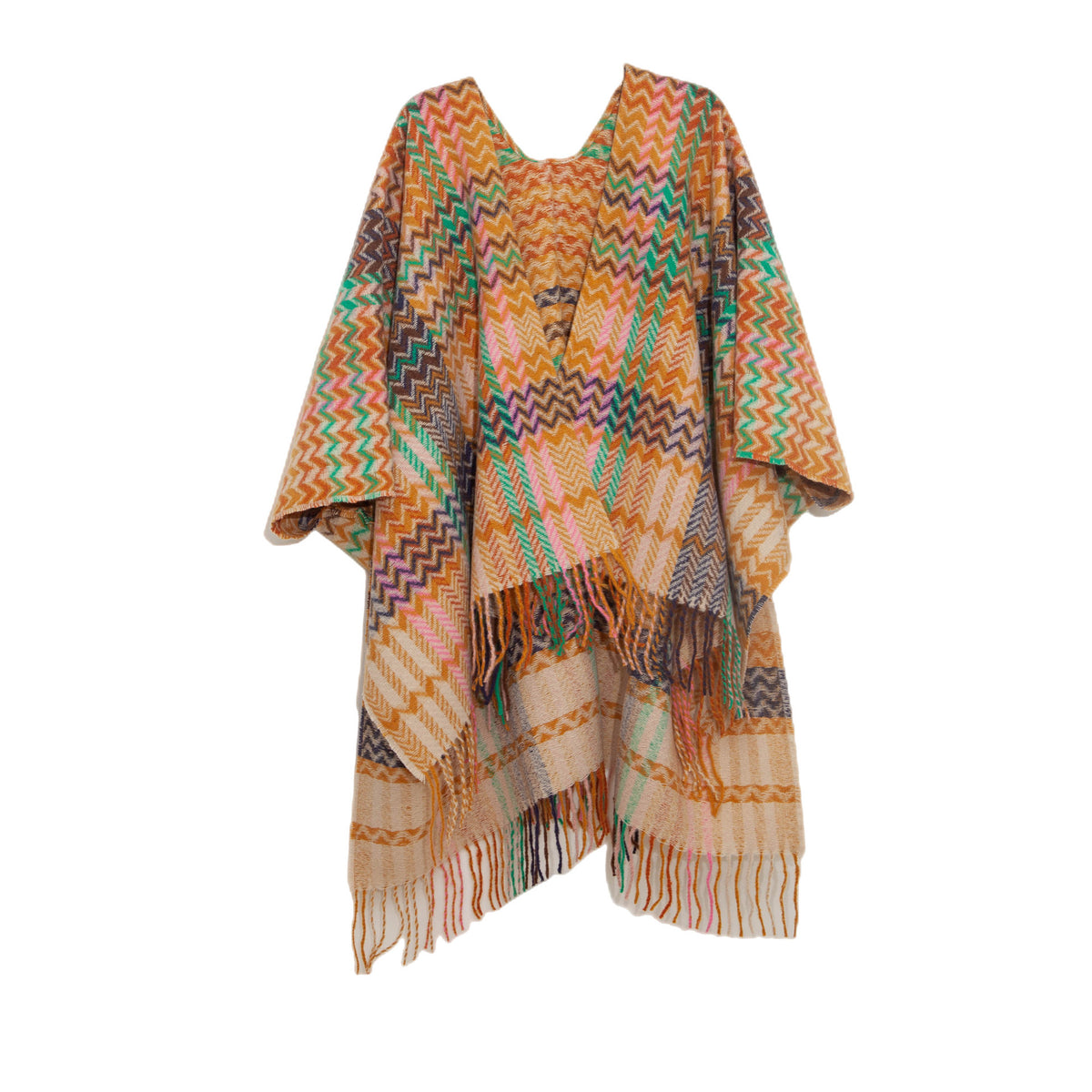 Multi Plaid Fringed Kimono Poncho Shawl - Yellow