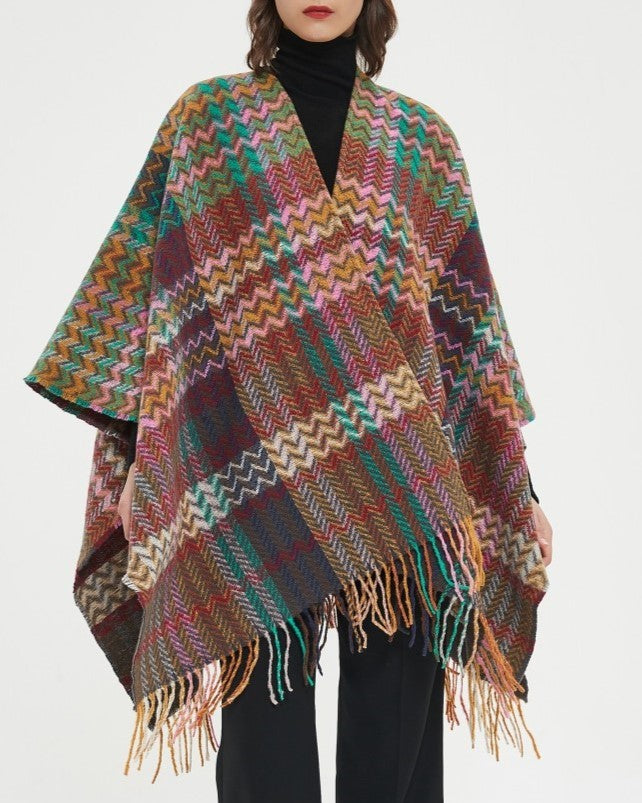 Multi Plaid Fringed Kimono Poncho Shawl