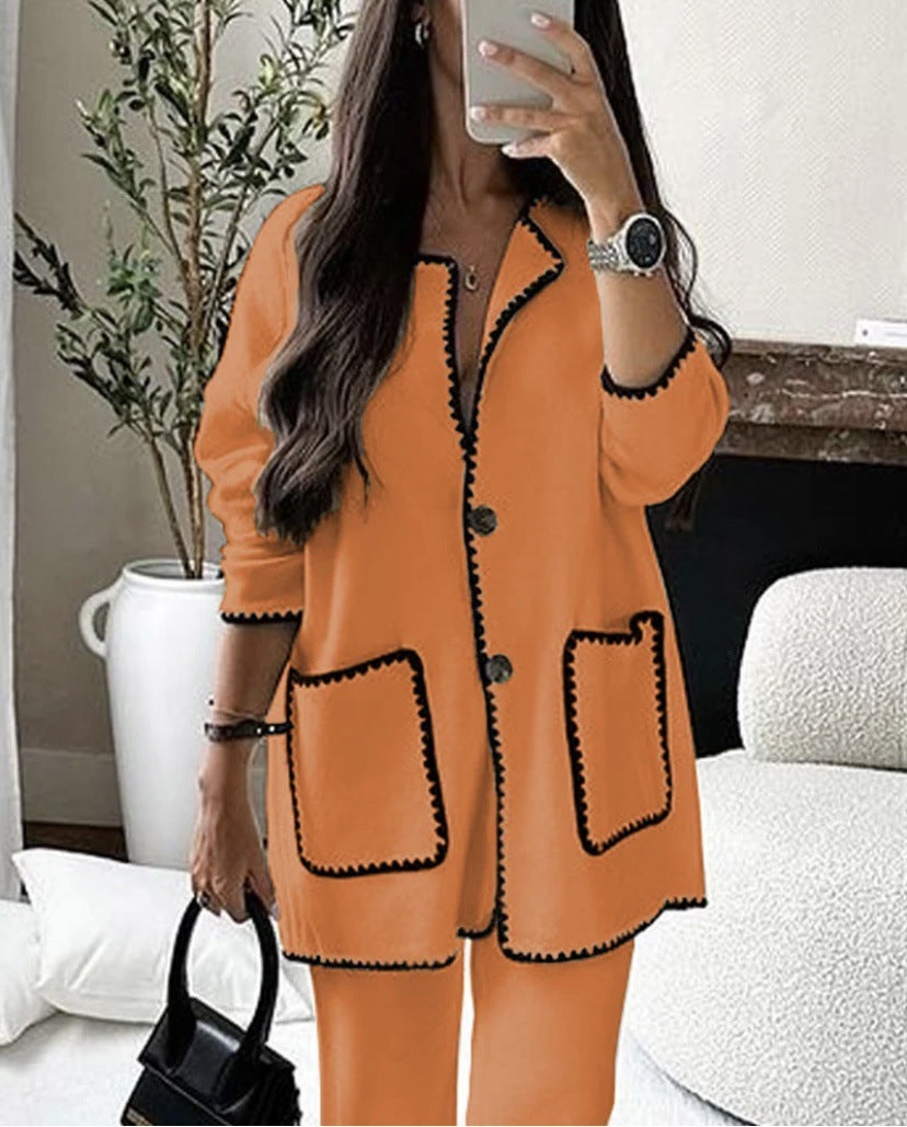 Contrast Trim Longline Jacket And Pants Set - Orange