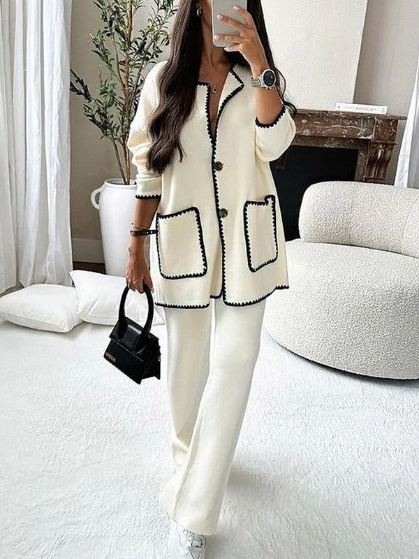 Contrast Trim Longline Jacket And Pants Set - White