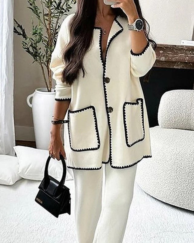 Contrast Trim Longline Jacket And Pants Set - White - 1