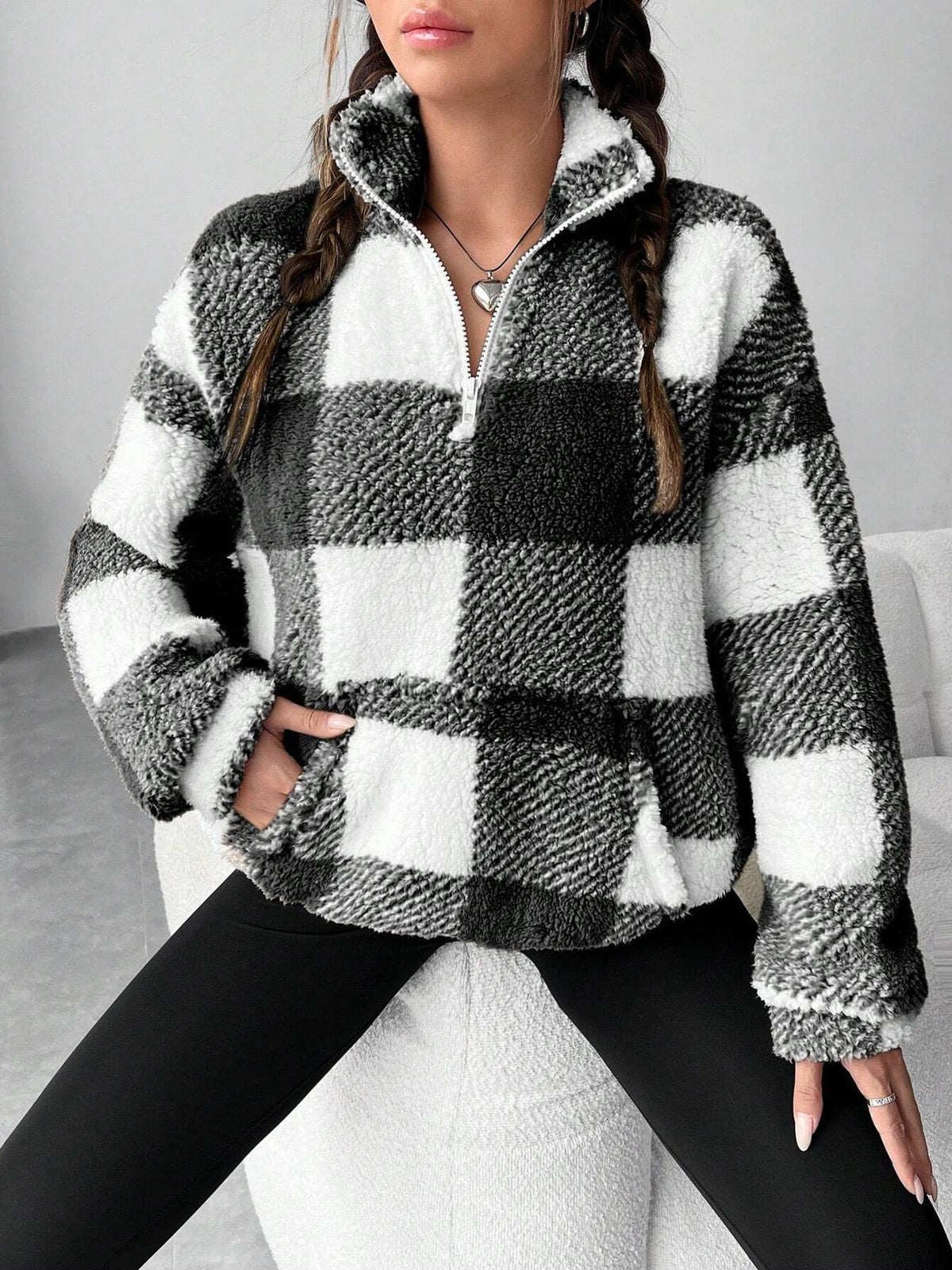 Half Zip Sherpa Fleece Stand Collar Pullover - Black