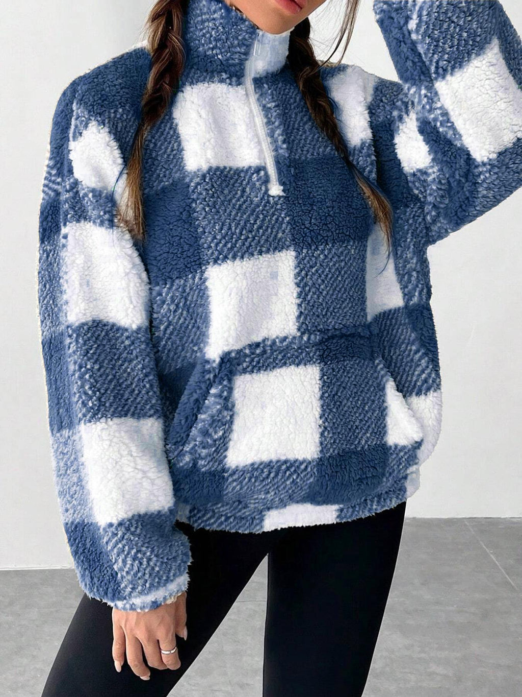 Half Zip Sherpa Fleece Stand Collar Pullover - Blue