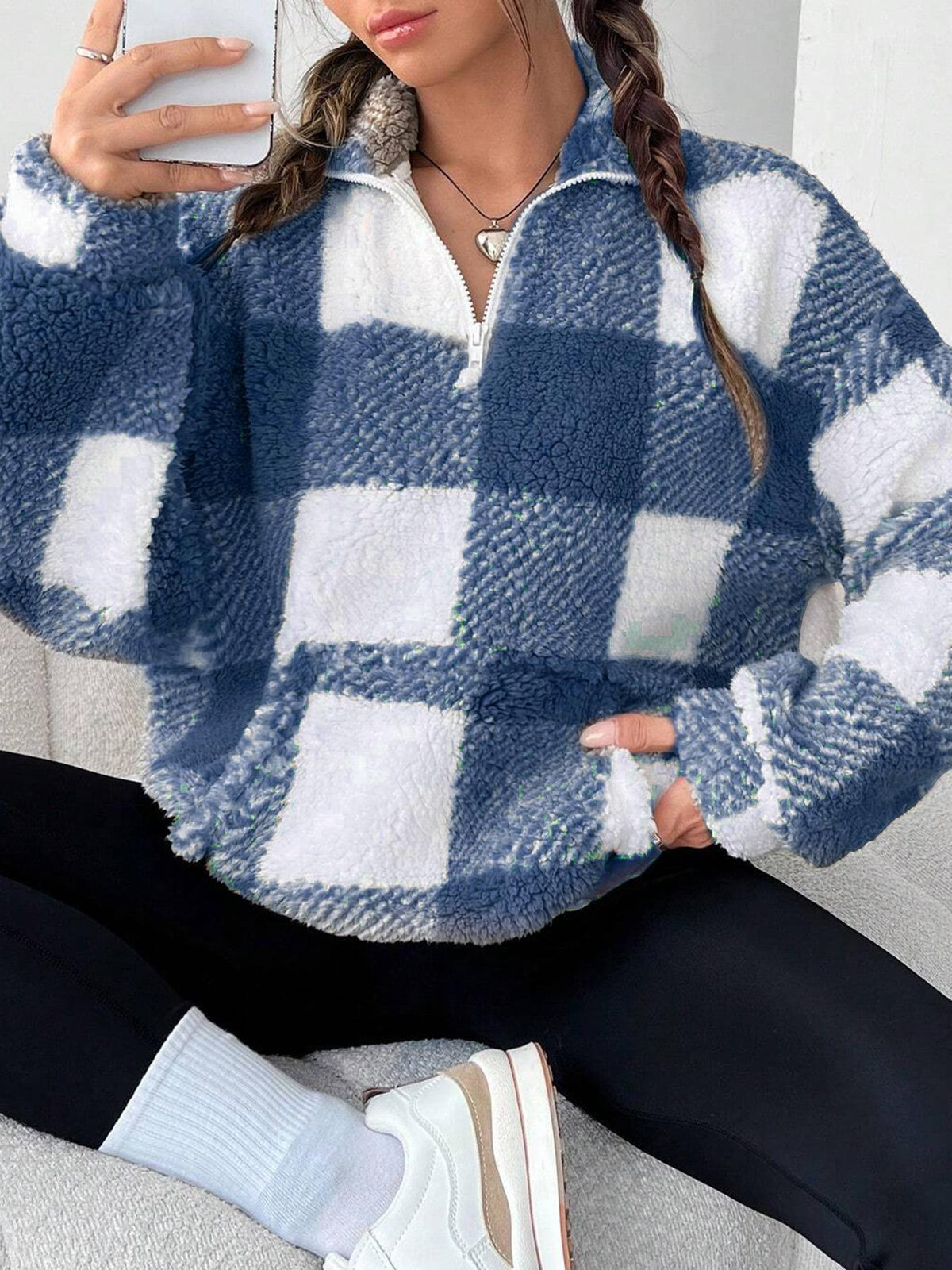 Half Zip Sherpa Fleece Stand Collar Pullover - Blue - 3