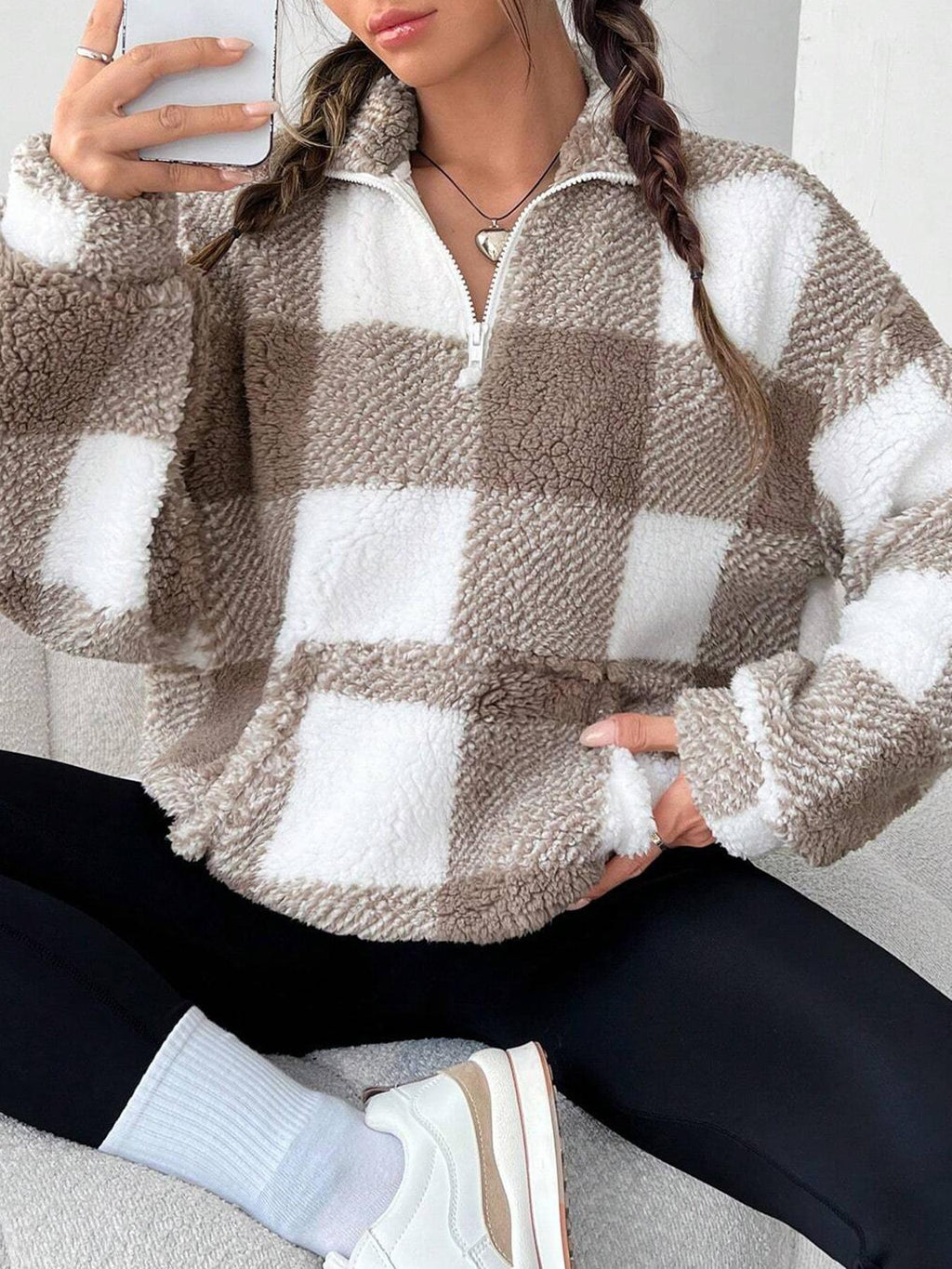 Half Zip Sherpa Fleece Stand Collar Pullover - Brown