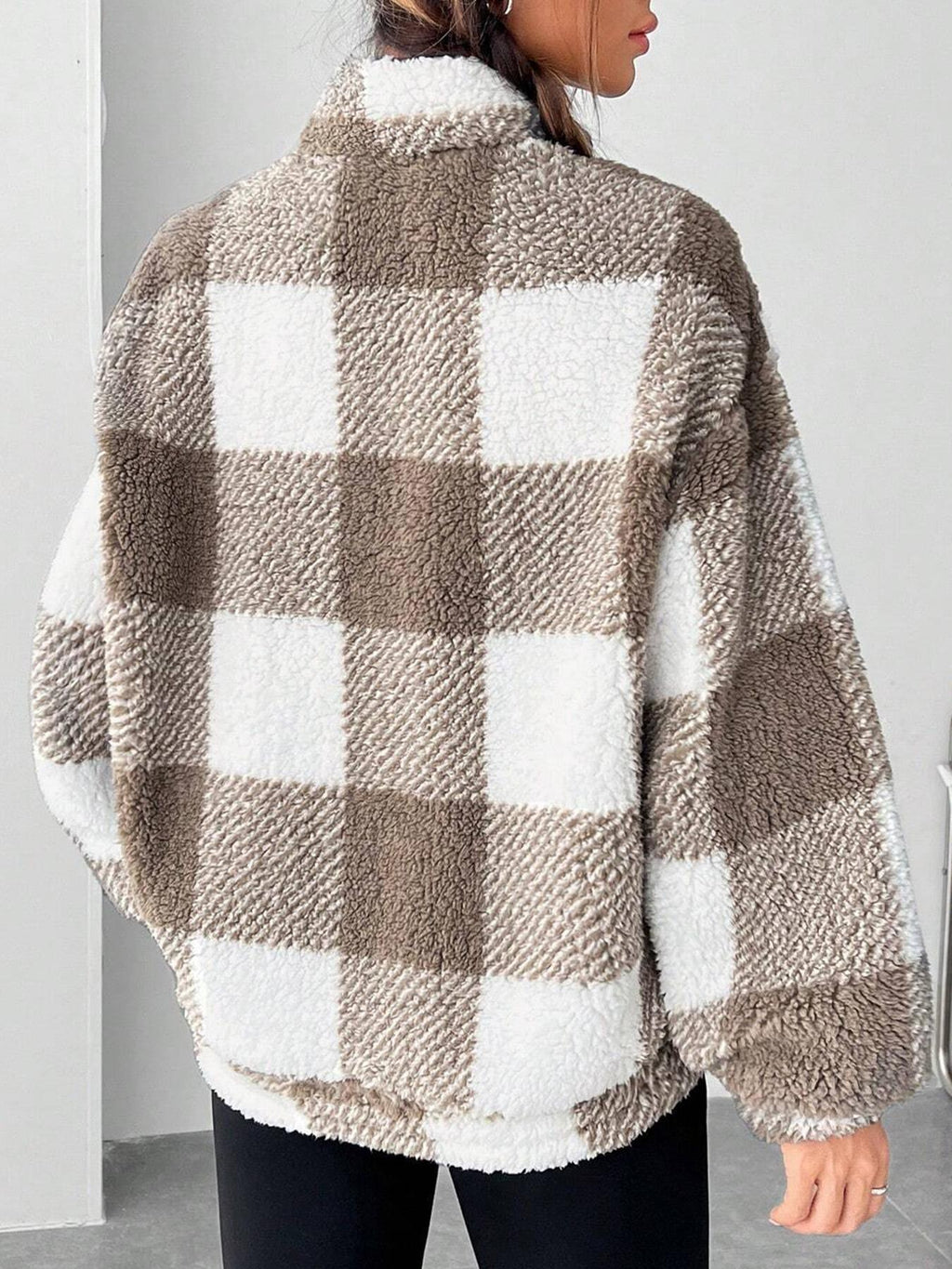 Half Zip Sherpa Fleece Stand Collar Pullover - Brown - 1