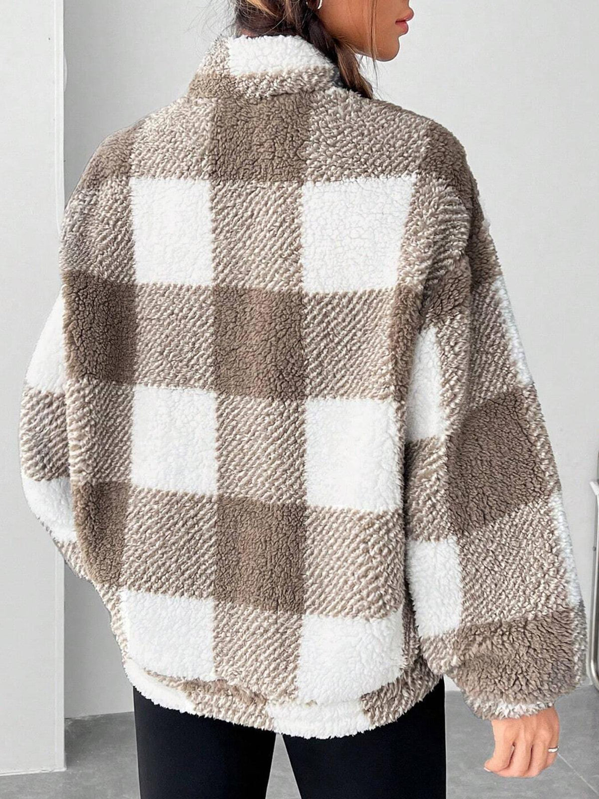 Half Zip Sherpa Fleece Stand Collar Pullover - Brown - 1