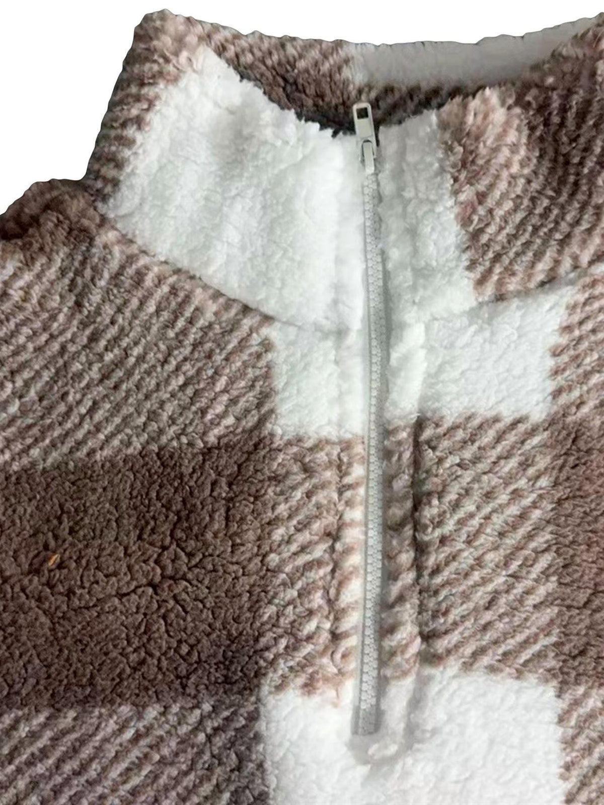 Half Zip Sherpa Fleece Stand Collar Pullover - Brown - 2
