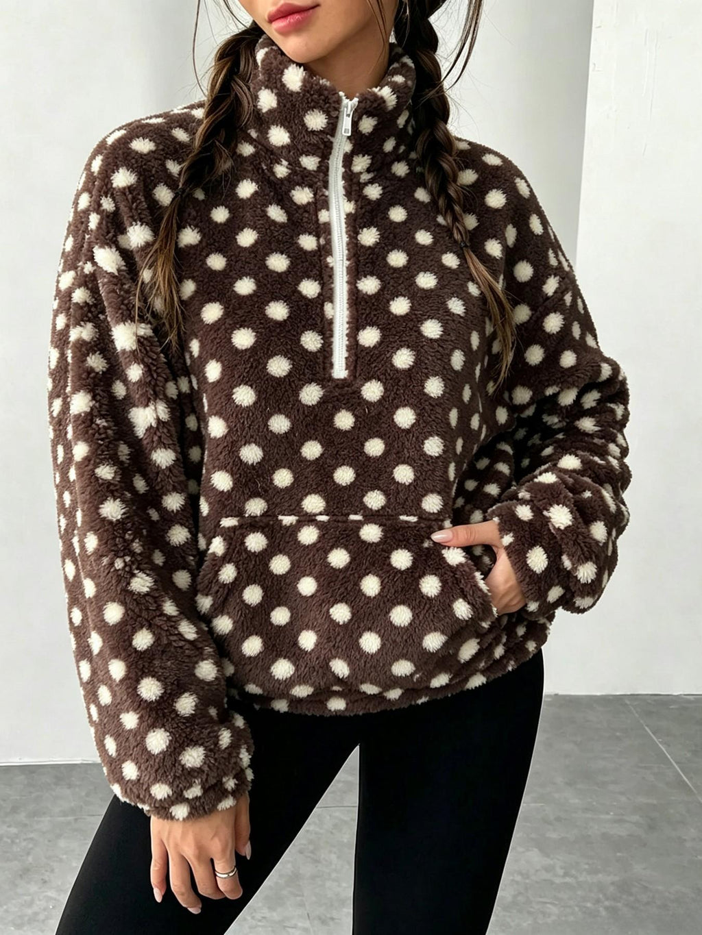 Half Zip Sherpa Fleece Stand Collar Pullover - Coffee