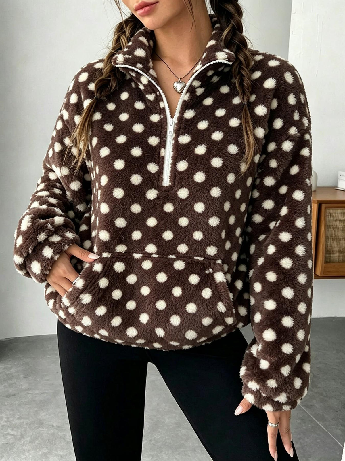 Half Zip Sherpa Fleece Stand Collar Pullover - Coffee - 1