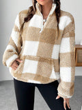 Half Zip Sherpa Fleece Stand Collar Pullover - Earth