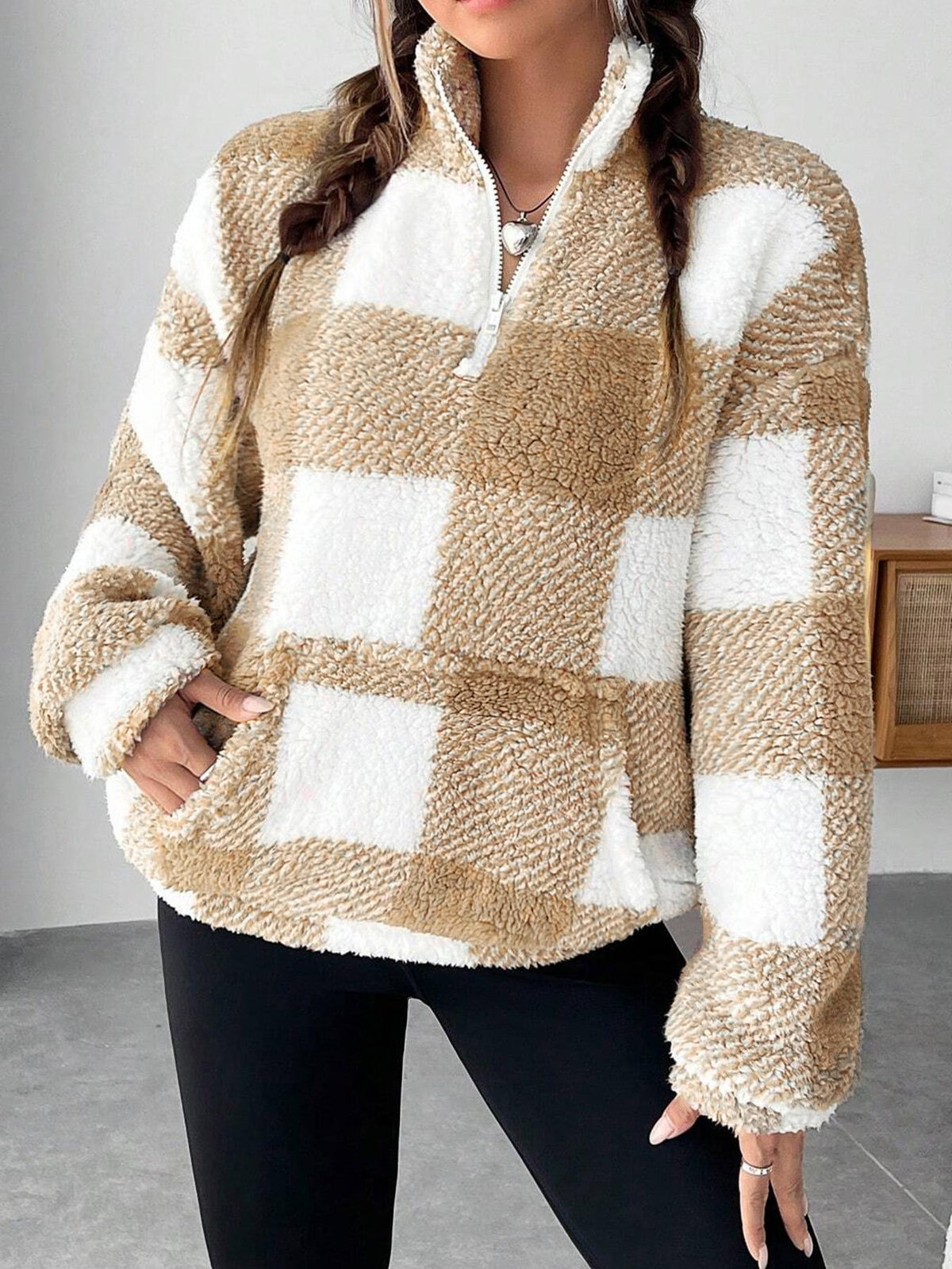 Half Zip Sherpa Fleece Stand Collar Pullover - Earth