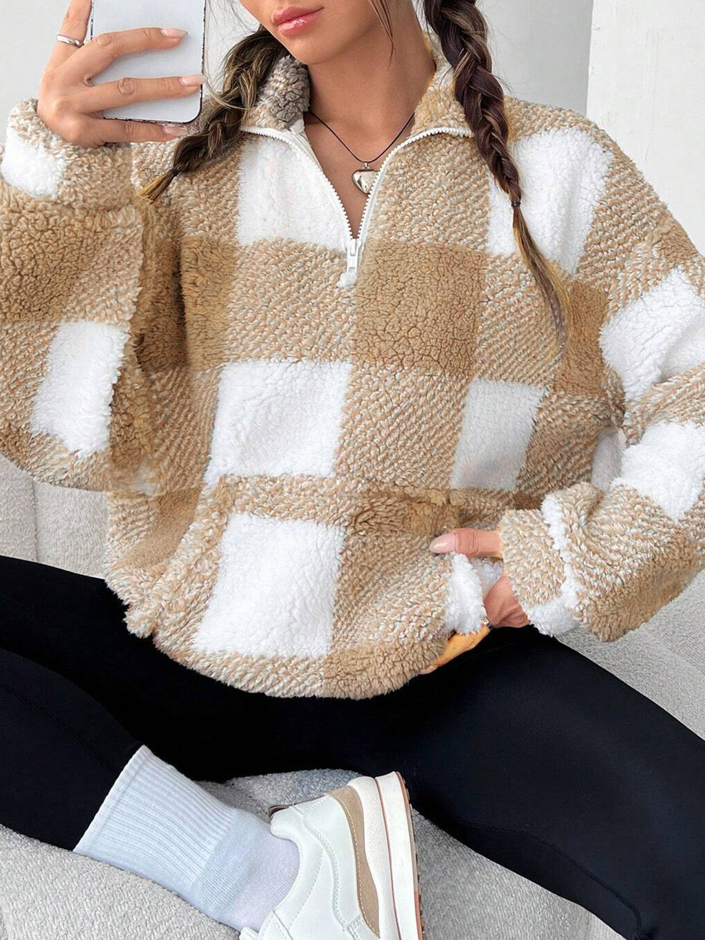 Half Zip Sherpa Fleece Stand Collar Pullover - Earth - 1