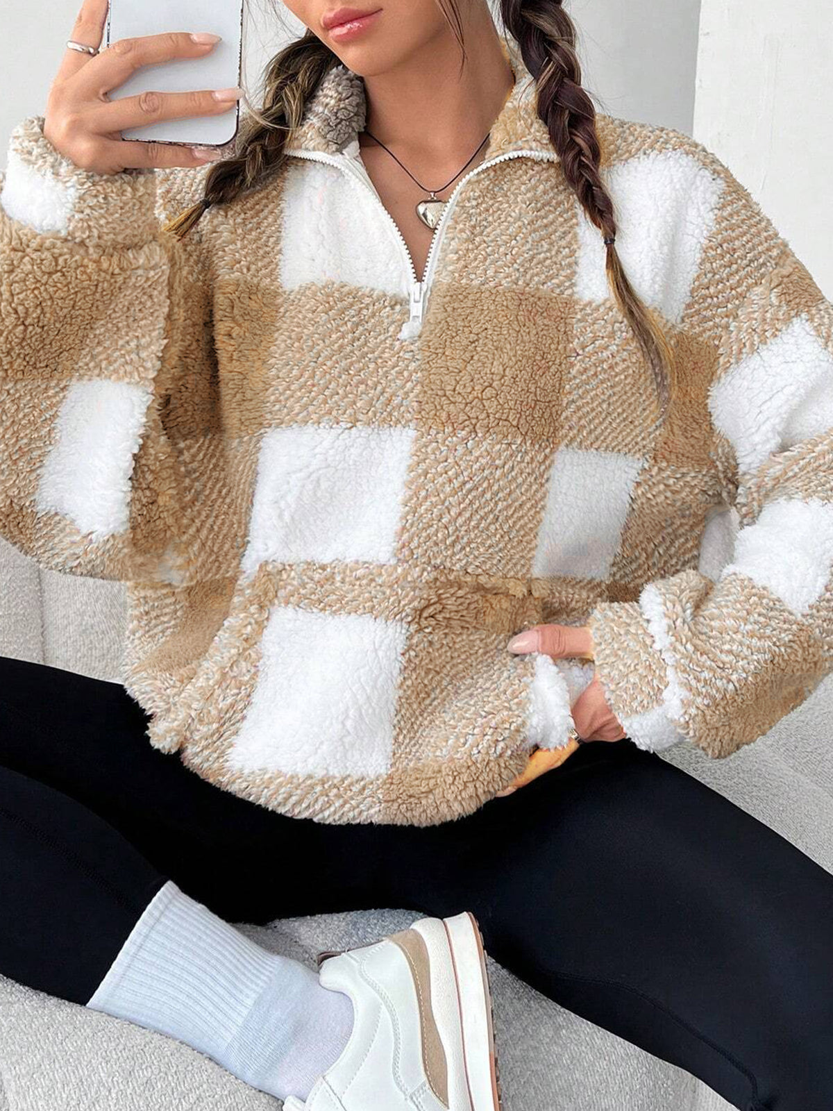Half Zip Sherpa Fleece Stand Collar Pullover - Earth - 1