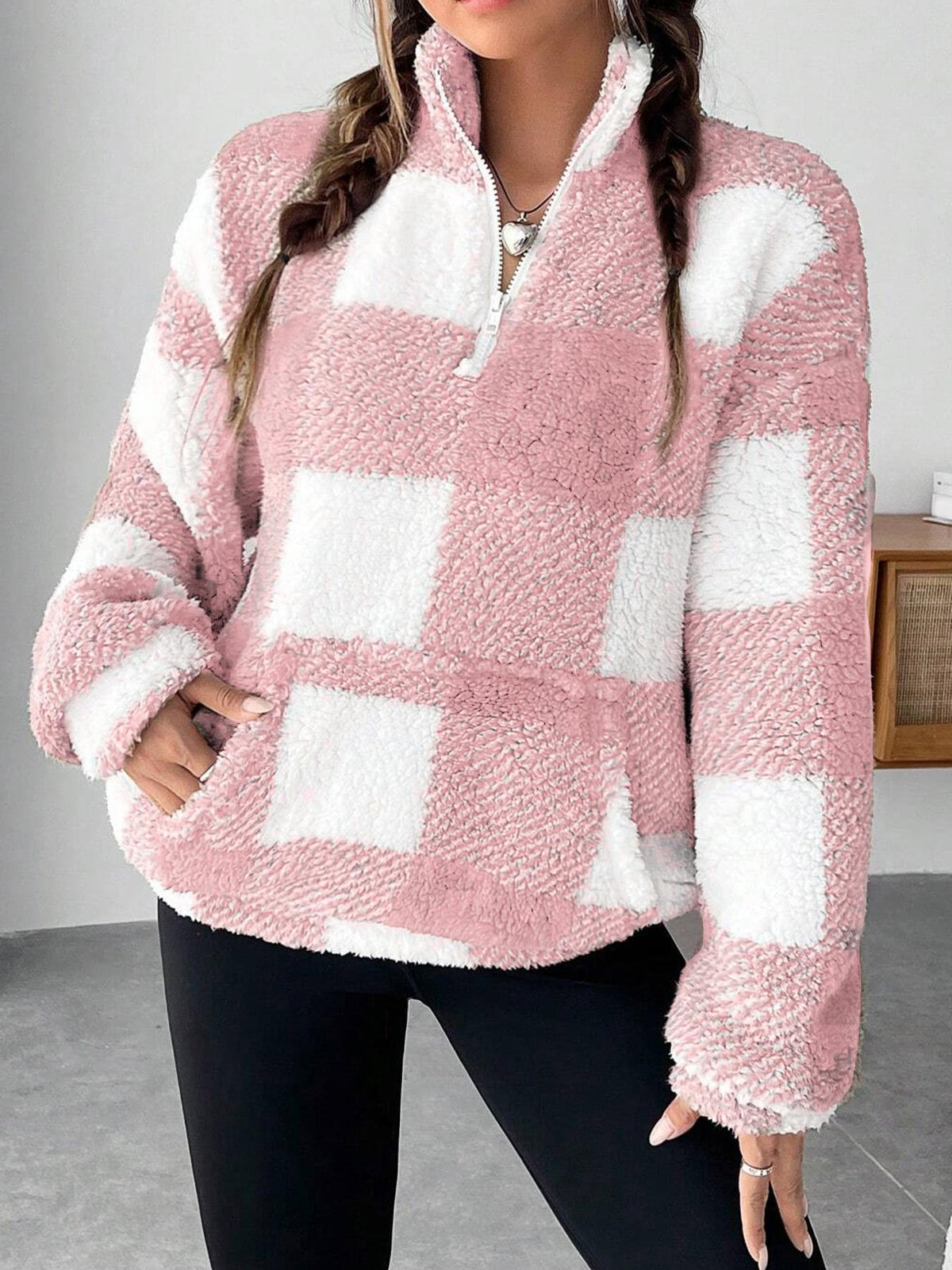 Half Zip Sherpa Fleece Stand Collar Pullover - Pink