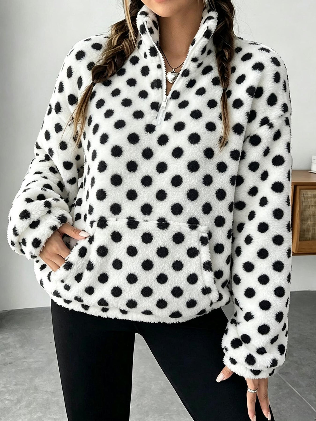 Half Zip Sherpa Fleece Stand Collar Pullover - White