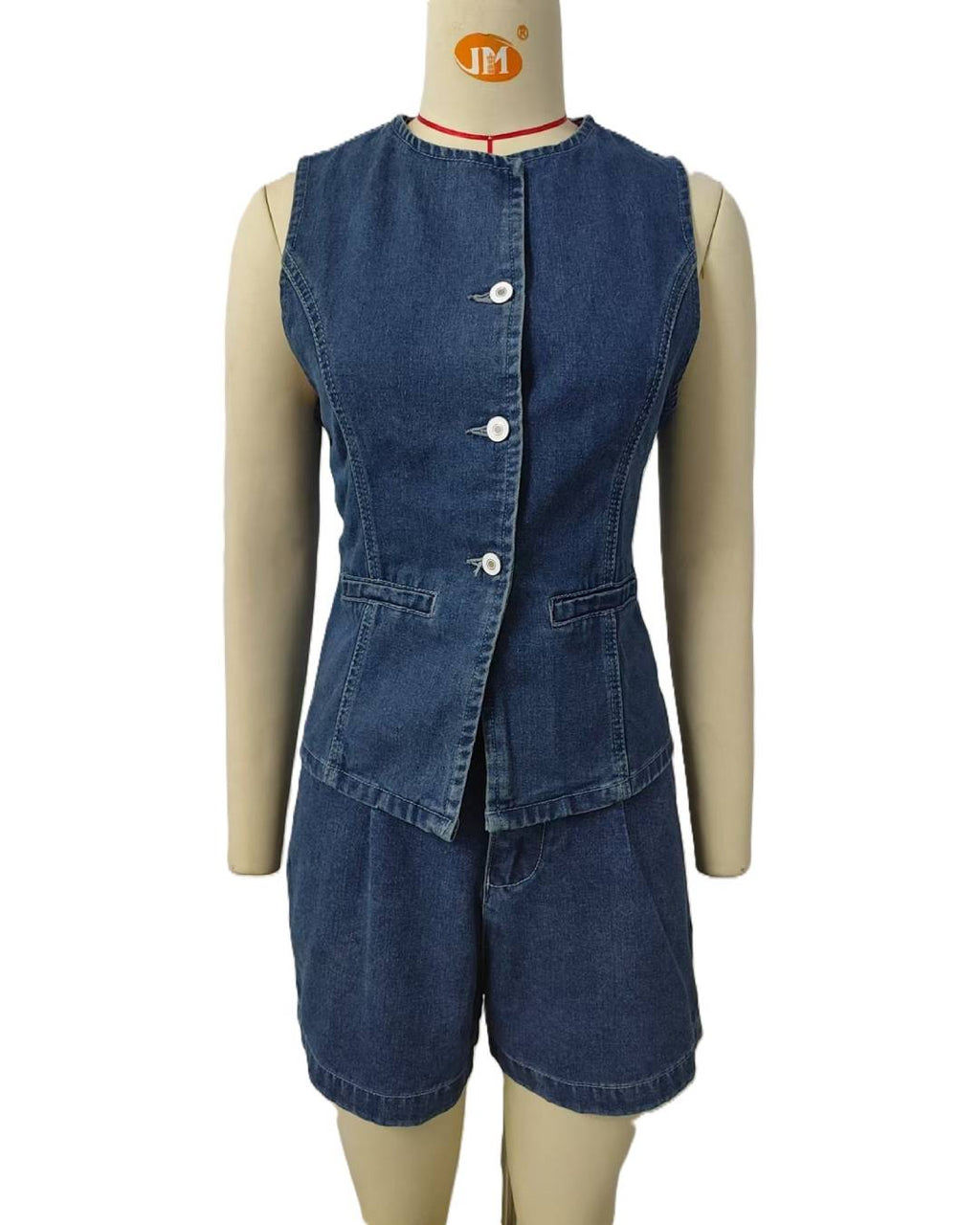 Collarless Denim Waistcoat And Shorts Set - BlueSet - 1