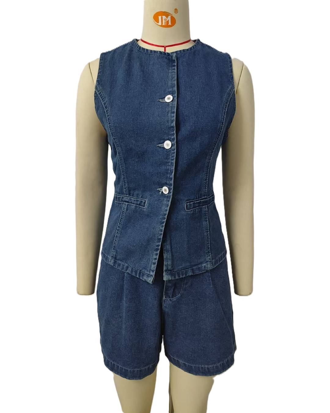 Collarless Denim Waistcoat And Shorts Set - BlueSet - 1