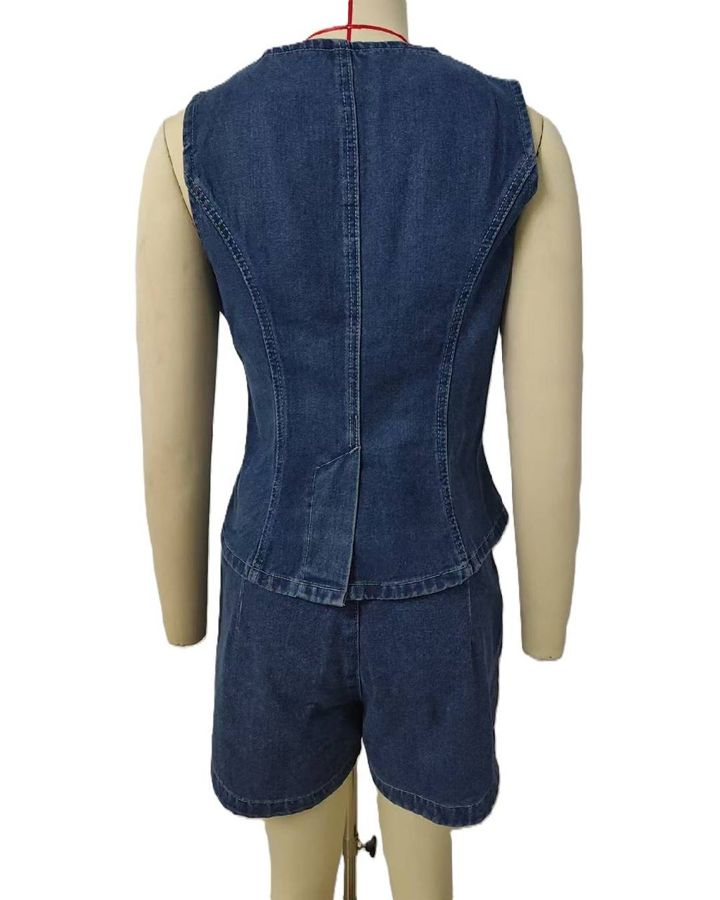 Collarless Denim Waistcoat And Shorts Set - BlueSet - 2