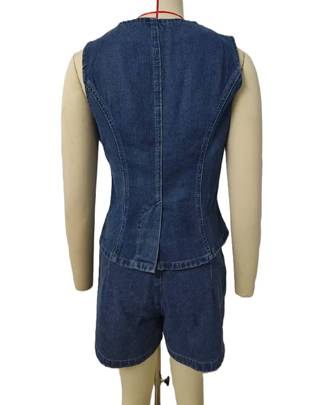 Collarless Denim Waistcoat And Shorts Set - BlueSet - 2