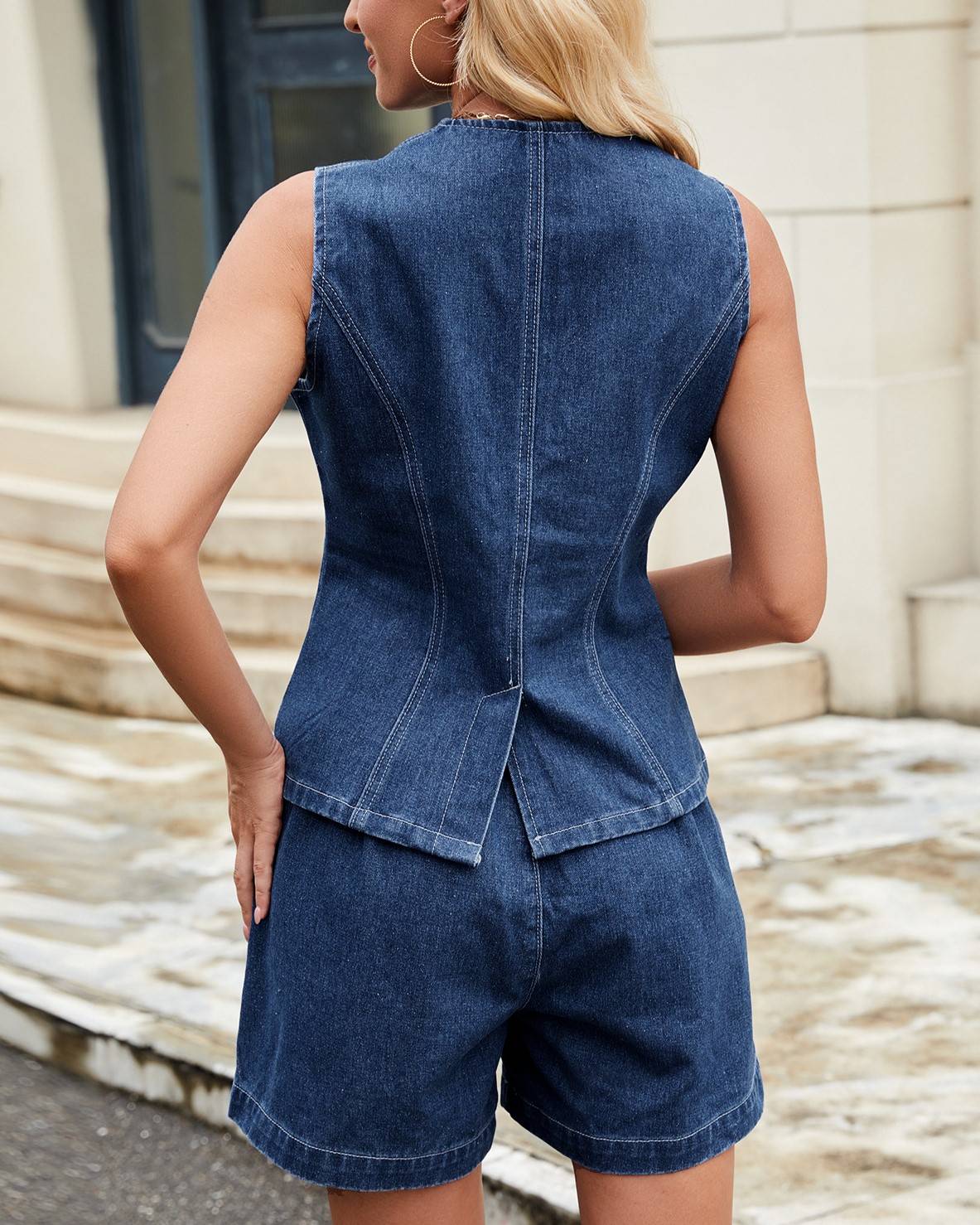 Collarless Denim Waistcoat And Shorts Set - BlueSet - 4