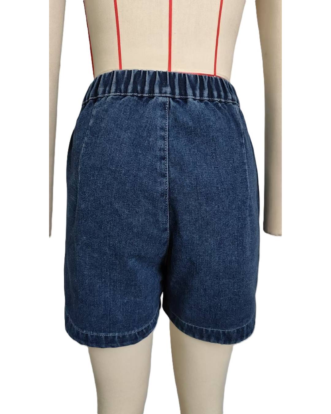 Collarless Denim Waistcoat And Shorts Set - Blue_S - 1