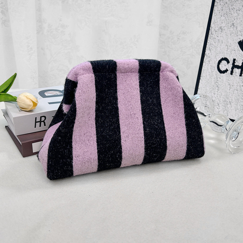Wide Stripe Plush Knit Clutch Purse - DPurple