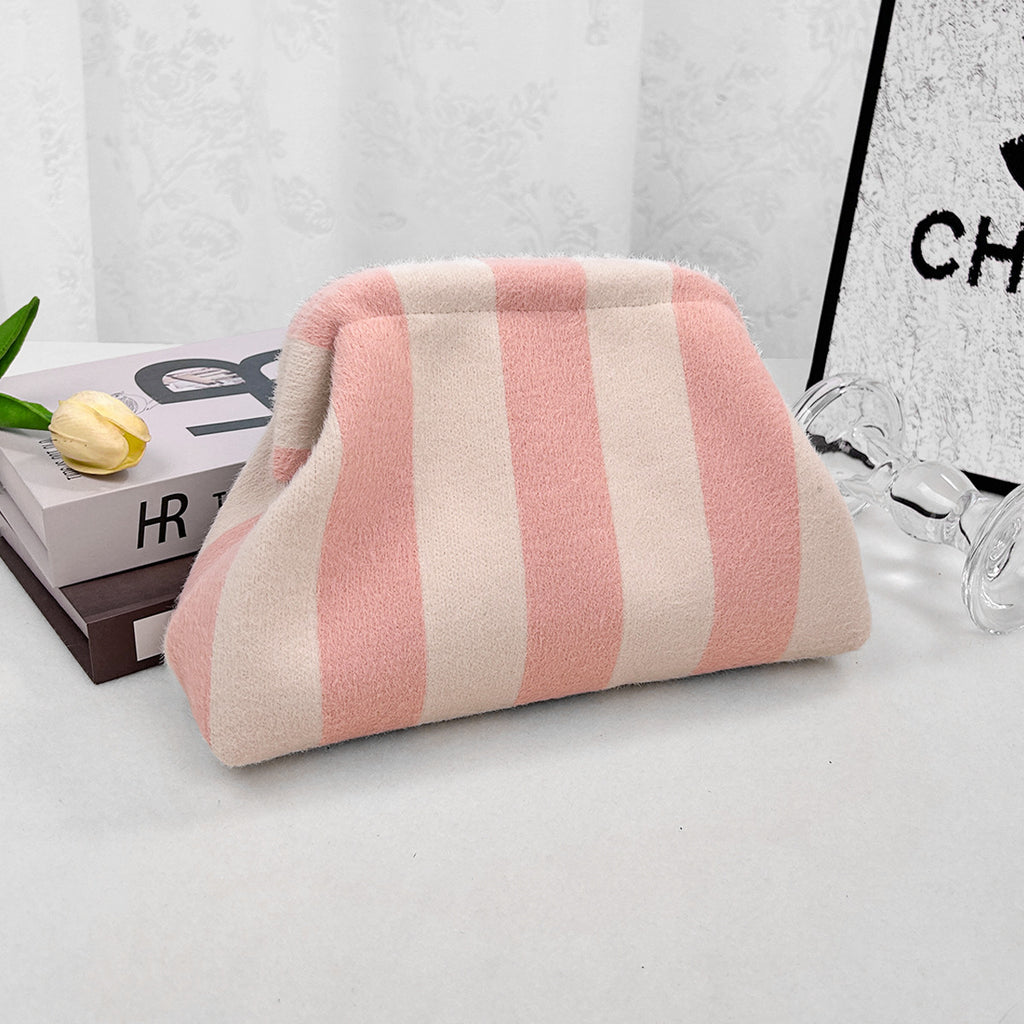 Wide Stripe Plush Knit Clutch Purse - Pink - 1