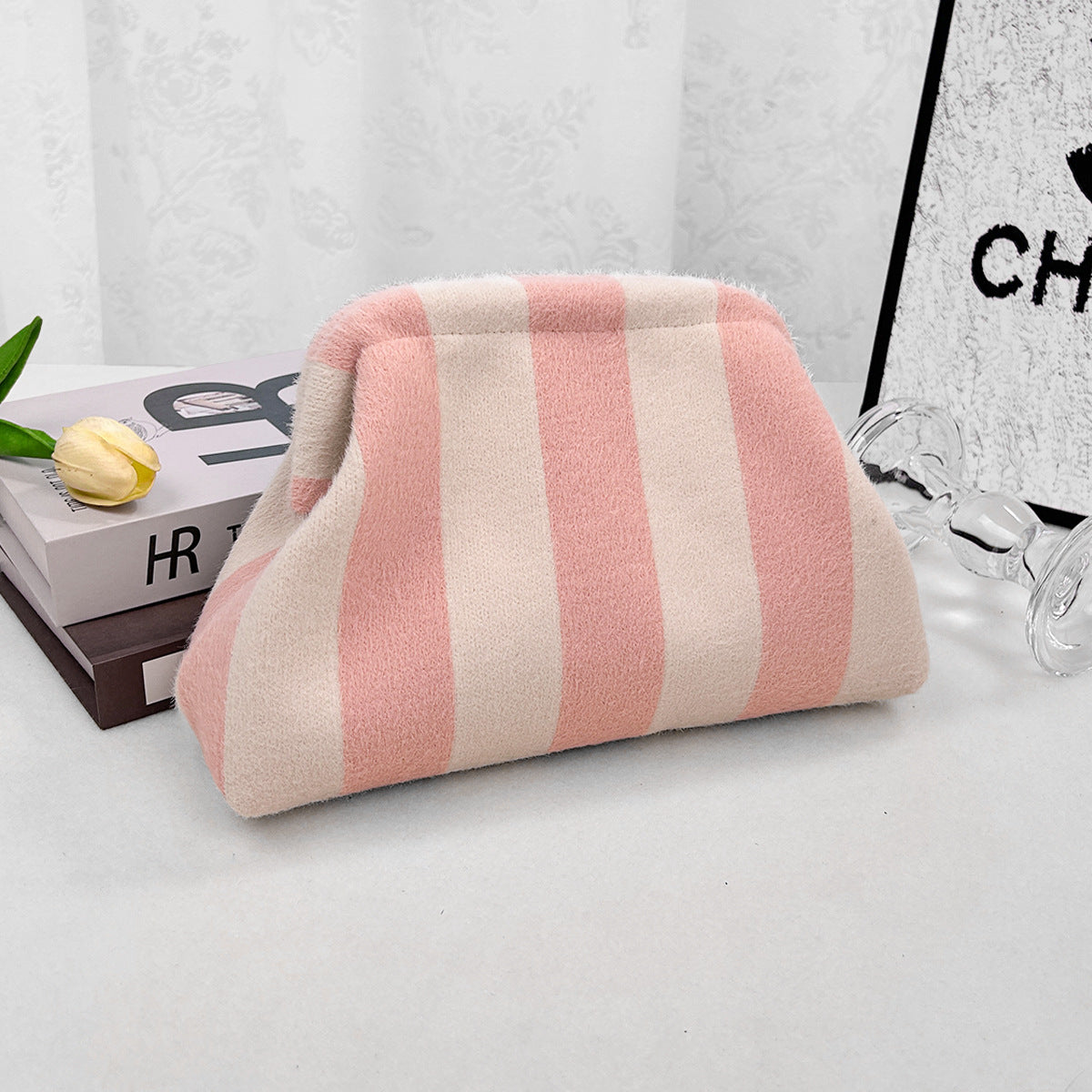 Wide Stripe Plush Knit Clutch Purse - Pink - 1