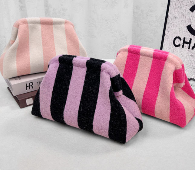 Wide Stripe Plush Knit Clutch Purse - Pink - 2