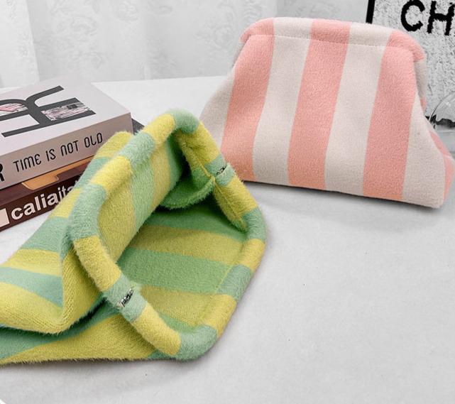 Wide Stripe Plush Knit Clutch Purse - Pink - 4