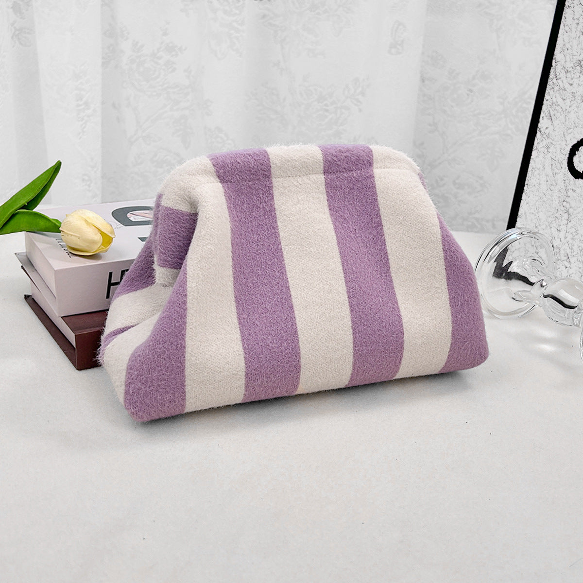 Wide Stripe Plush Knit Clutch Purse - Purple