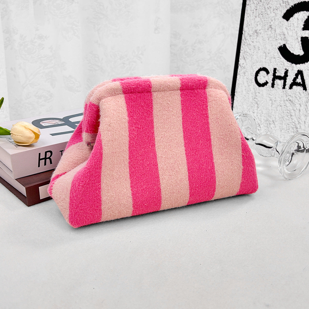 Wide Stripe Plush Knit Clutch Purse - Rose_red